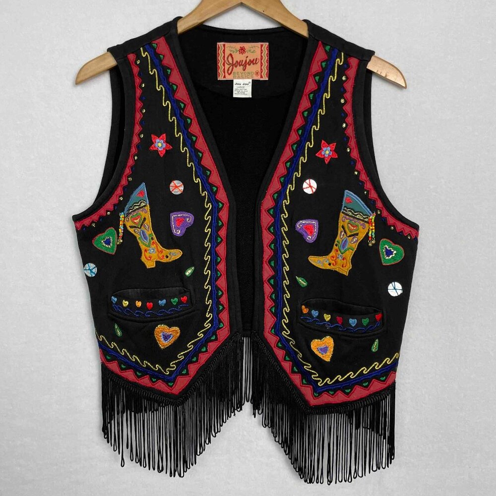 Black Embroidered Fringe Vest